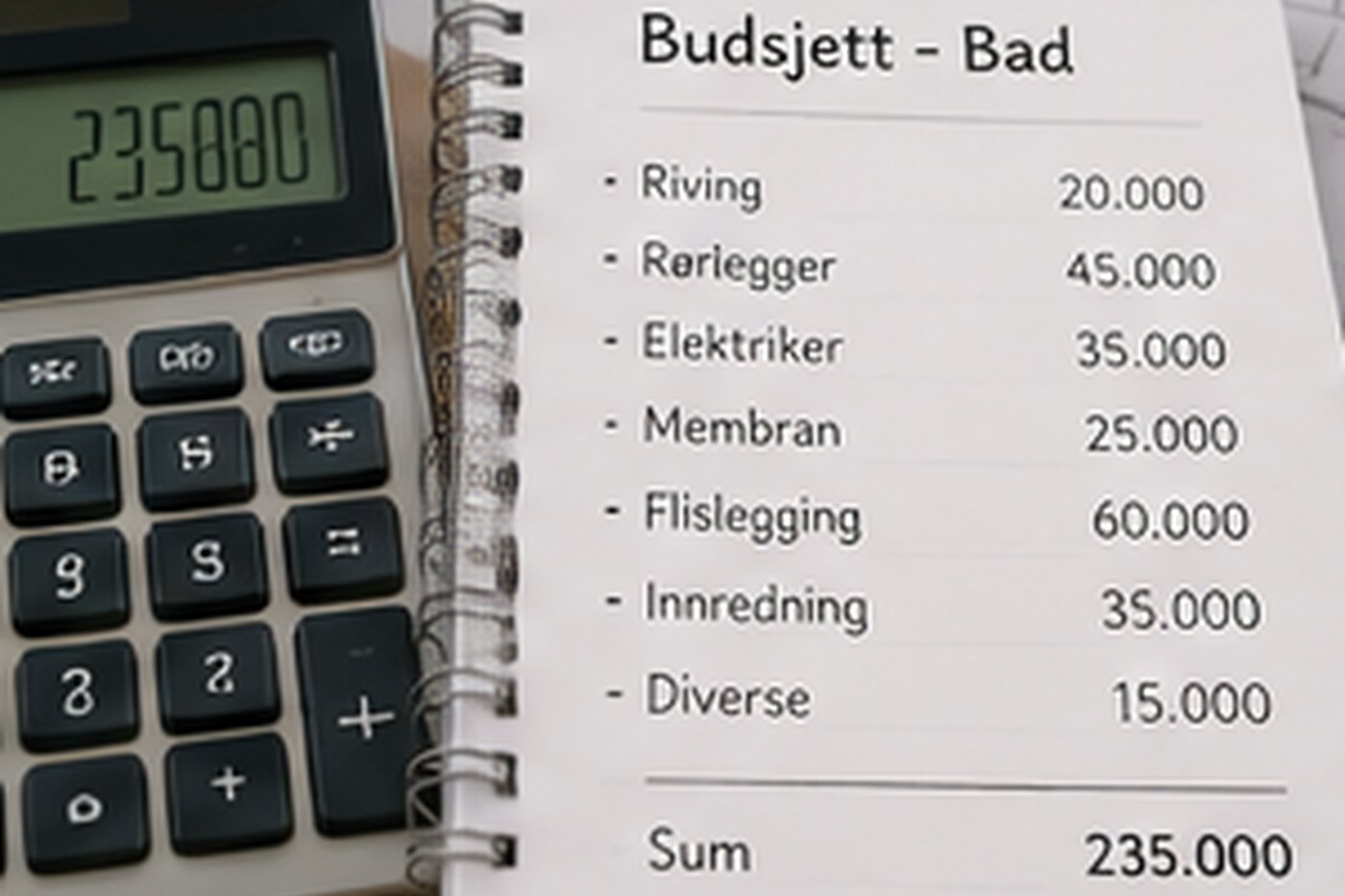 Budsjett og plantegning for oppussing av bad