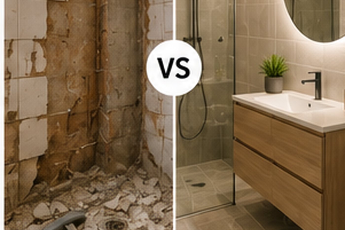 Før og etter totalrenovering og overflateoppussing av bad